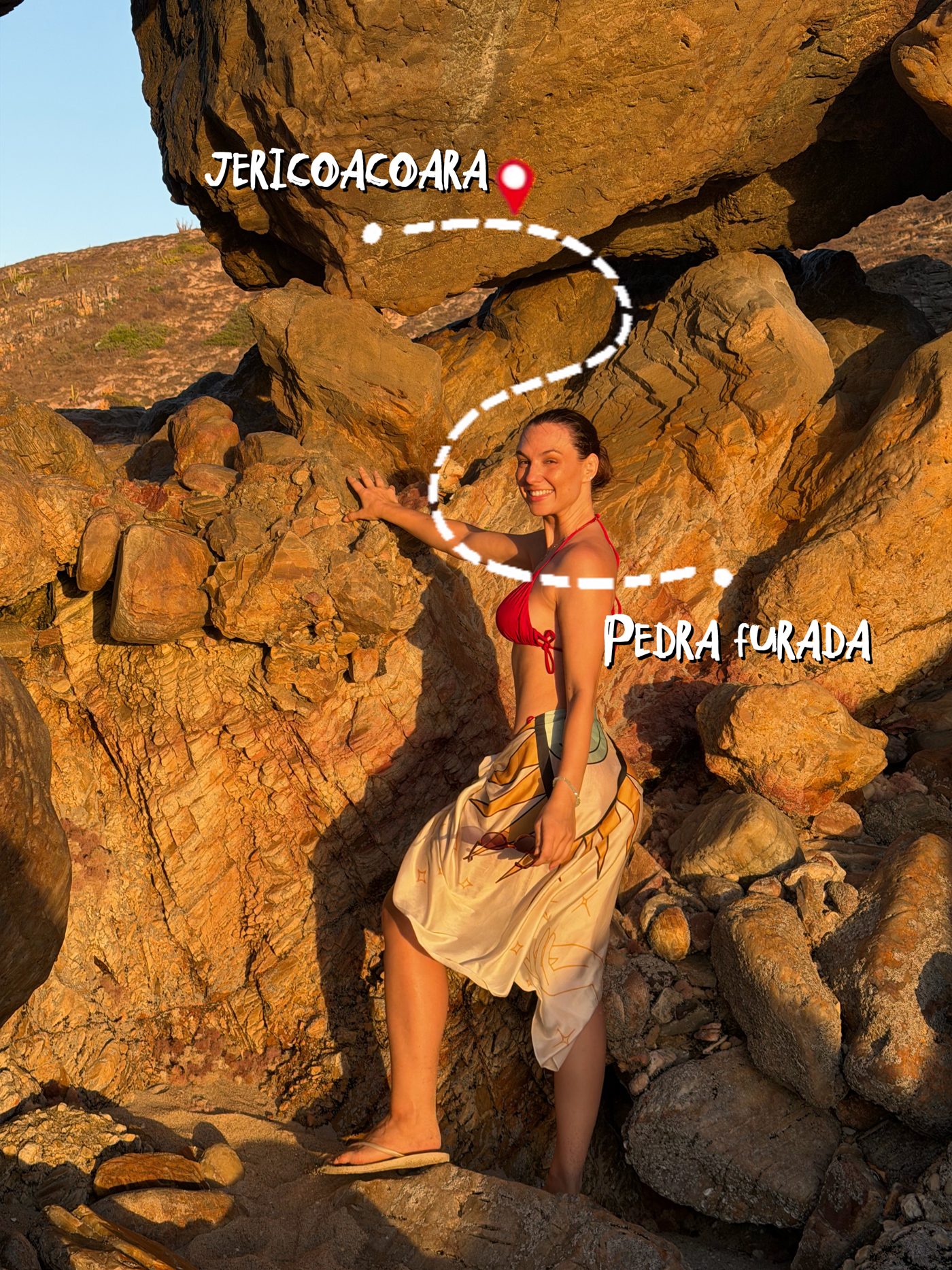 Lidiane Grigoletto nas pedras do caminho entre a vila de Jericoacoara e a Pedra Furada, com o trajeto desenhado na foto